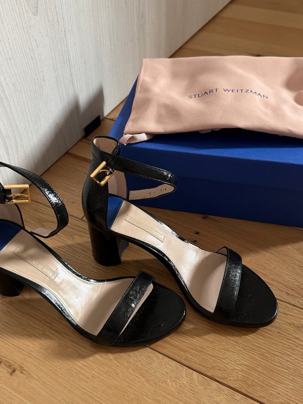 Stuart Weitzman Black Patent Leather Ankle-Strap Block Heels